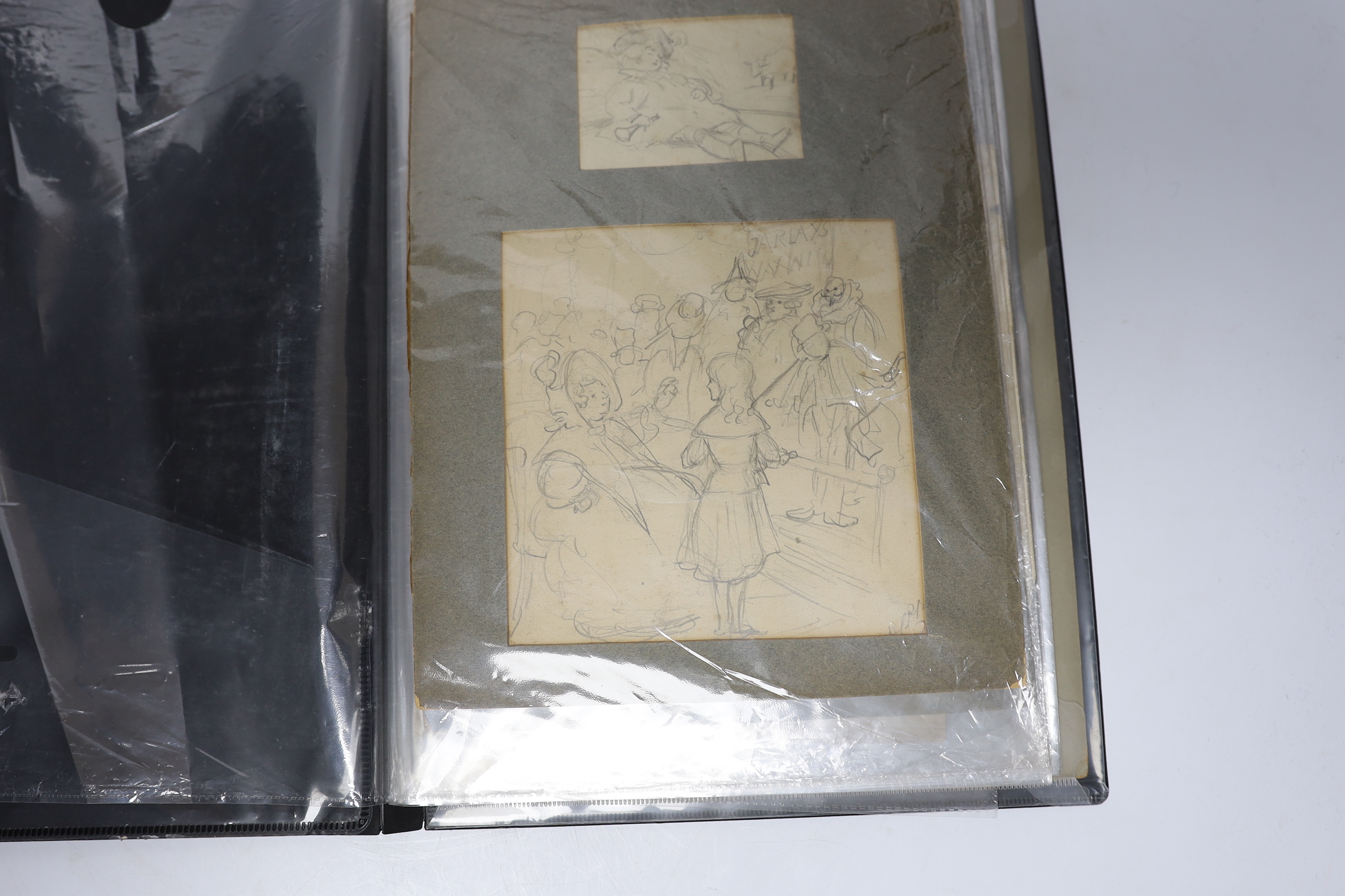 Folio of 18th / 19th century and later pen, ink and pencil sketches, Figural studies, children and putti, one inscribed ‘Ann. Carracino’ in ink verso, unframed, some mounted, largest 22 x 13cm